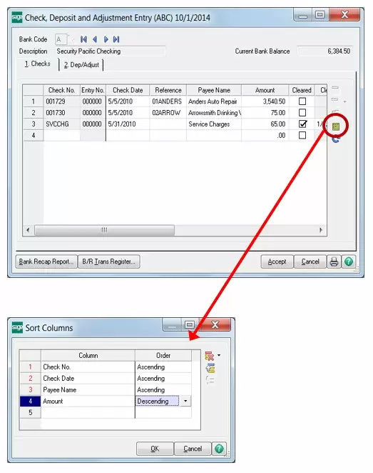 Multi-Column Sorting Added in Bank Reconciliation, Accounts Payable, and Accounts Receivable