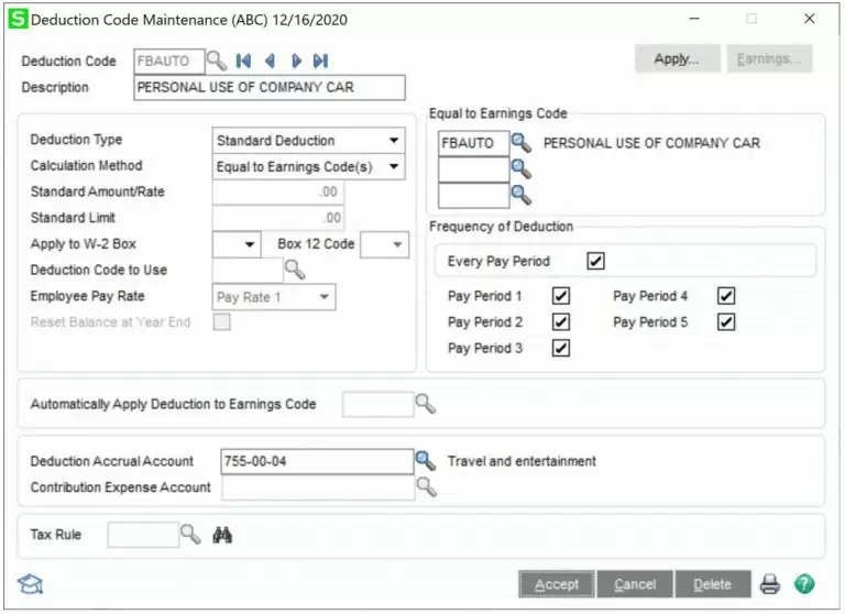 PAYROLL – SETUP – DEDUCTION CODE MAINTENANCE