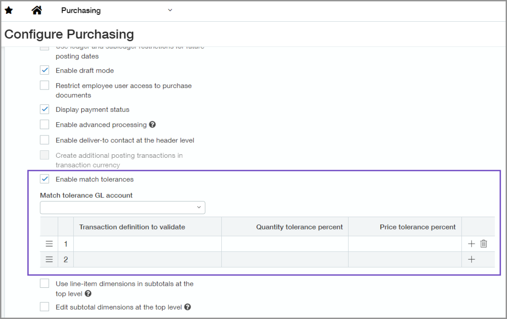 Sage Intacct match tolerances for Purchasing transactions